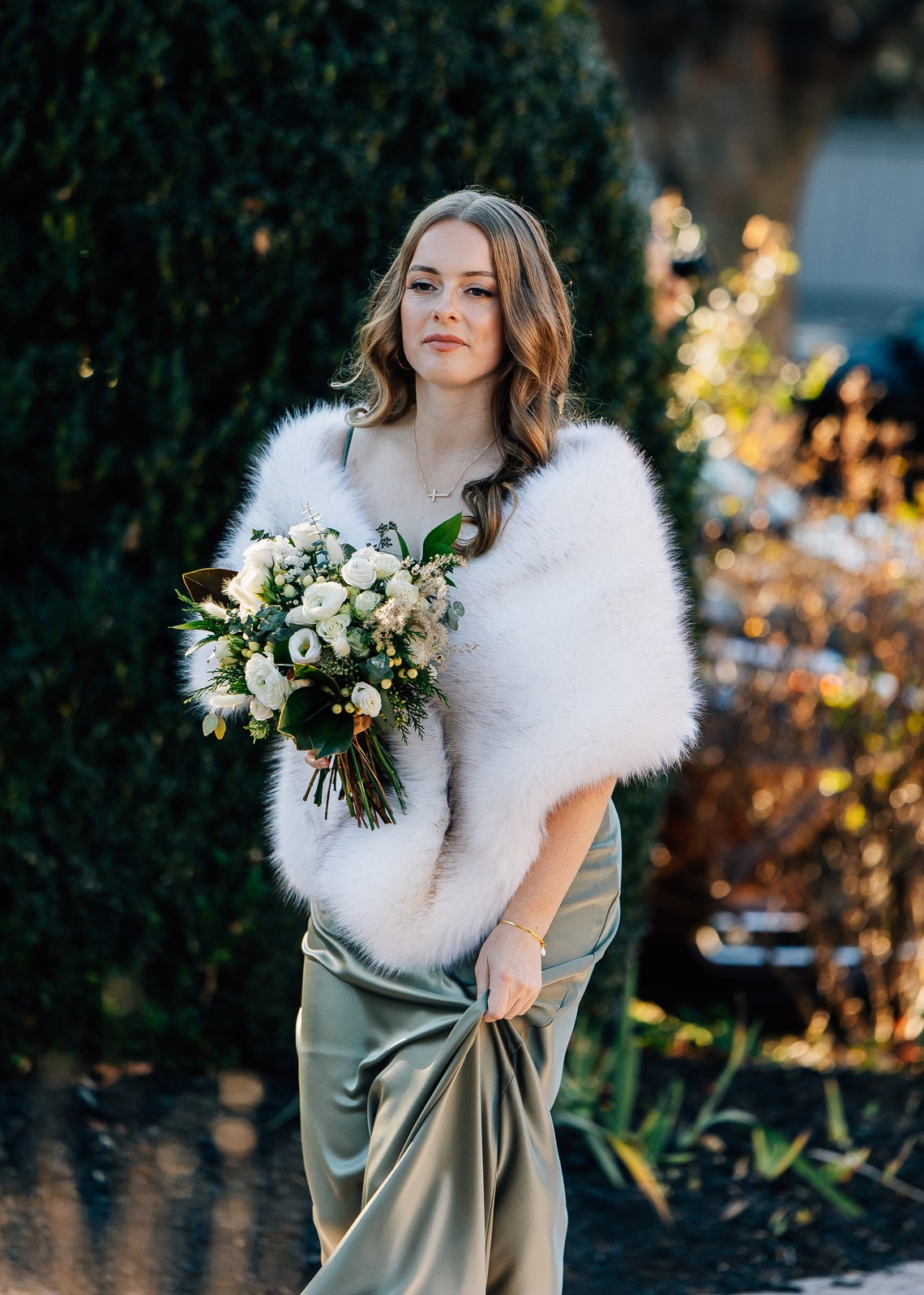 Stole Wedding Shawl - Ivory with black tips faux fur